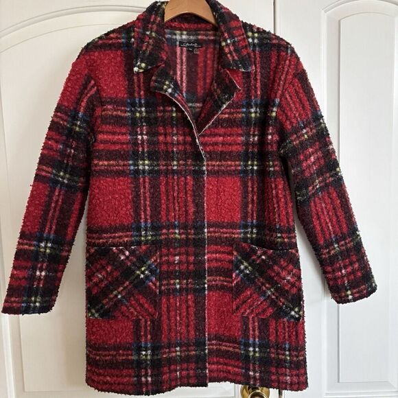 Charlie B Red Plaid Coat Faux Wool BUTTON FRONT Pea Trench COAT Women’s SZ Large - Picture 1 of 12